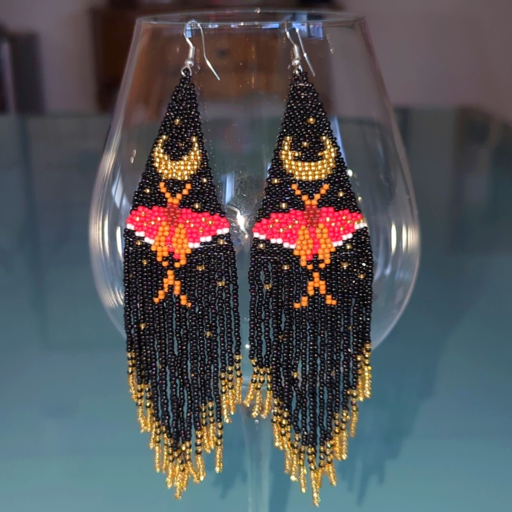 Bohemian Tribal Native American Beaded Colorful Pierced Earrings Butterfly Moon